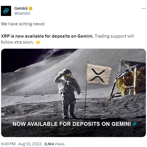 Gemini现已支持XRP存款，即将支持交易