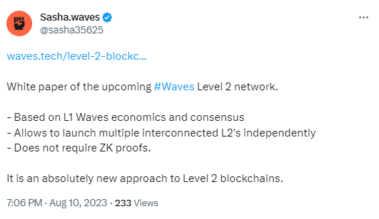 Waves创始人：Wave L2白皮书已发布，支持独立启动多个互连的L2