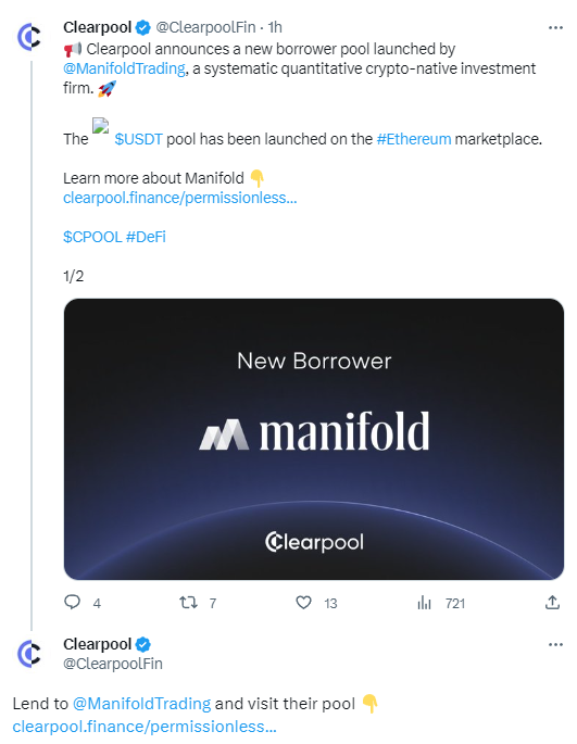 加密投资公司Manifold Trading在Clearpool上推出借贷池