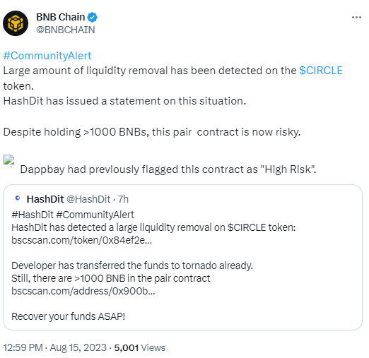 BNB Chain：名为“CIRCLE”的代币大量流动性被移除，请注意风险