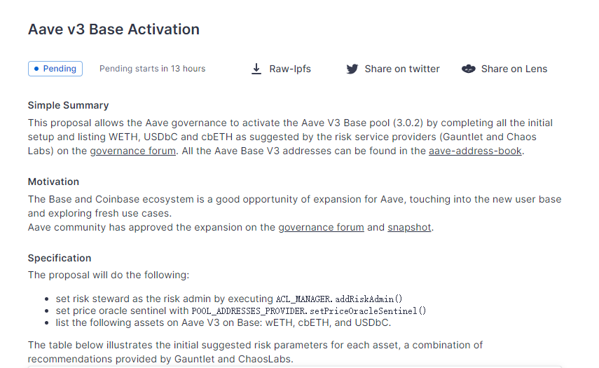 Aave社区将开启“激活Base链上Aave V3 ”提案的链上投票