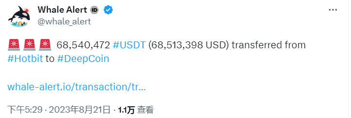 數據：約6854萬枚USDT從已宣告停運的Hotbit轉至Deepcoin