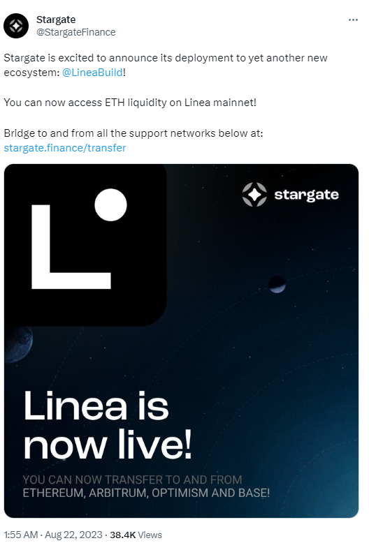 跨链桥Stargate已与ConsenSys L2网络Linea集成