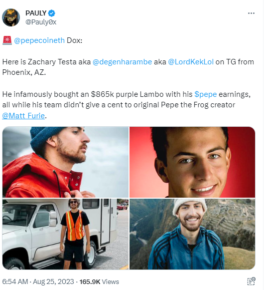 PAULY爆料PEPE创始人或系Zachary Testa，曾有违法记录并用PEPE收入买跑车