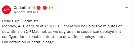 Optimism将于8月29日凌晨升级OP Mainnet排序器，预计OP主网停机五分钟