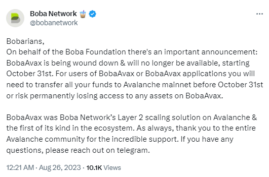 Boba Network：BobaAvax將於10月31日起停止運行，用戶需在此前轉移資金