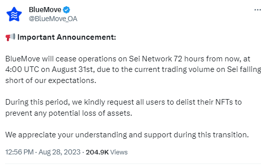 多鏈NFT市場BlueMove將於8月31日停止在Sei網絡上運營