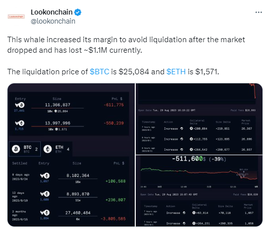 數據：某巨鯨在BTC和ETH頭寸中增加保證金以避免被清算，目前已損失110萬美元