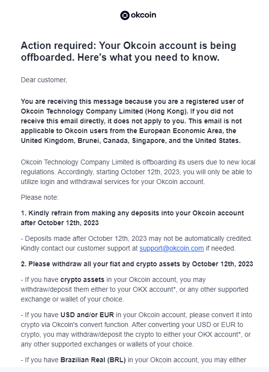 Okcoin通知部分地区用户将被注销账户，10月12日起将只能使用登录和提现服务