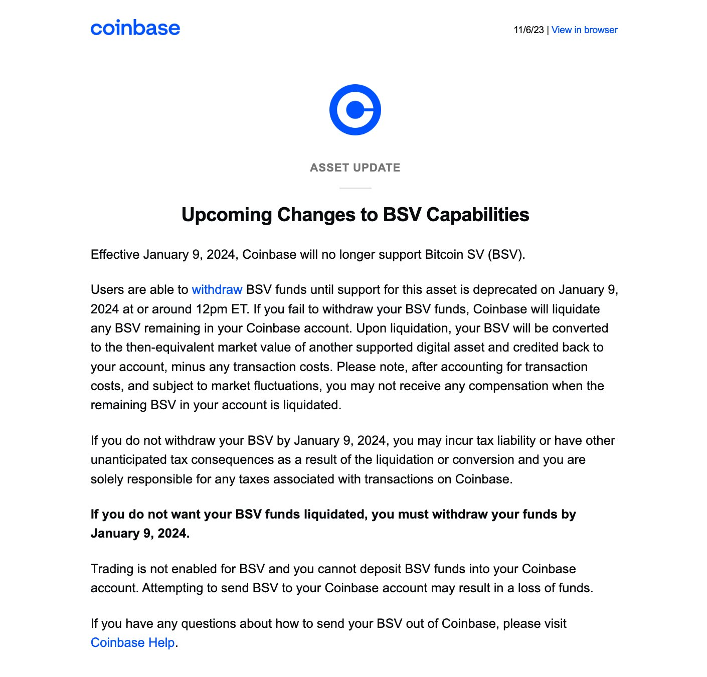 Coinbase将于2024年1月9日下架BSV，用户须在此之前提款