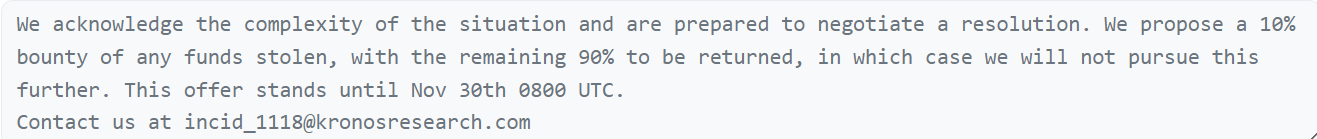 Kronos Research称愿意提供10%的被盗资金作为赏金