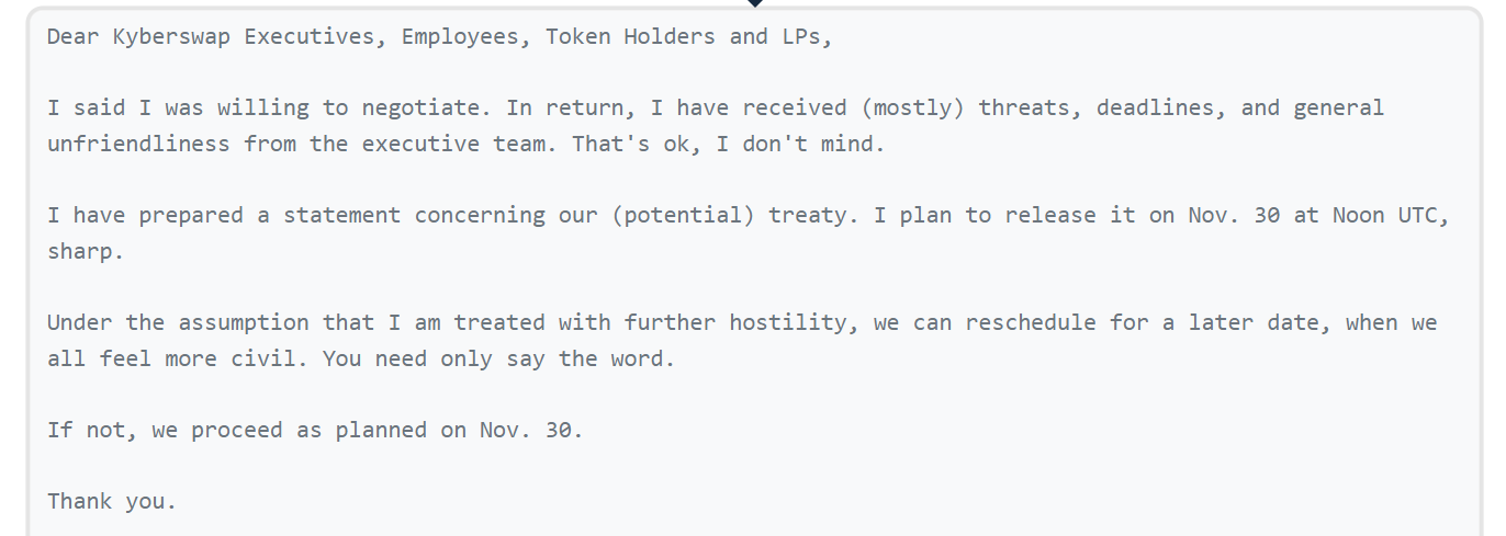 KyberSwap黑客承诺在未来几天内概述潜在的谈判“条约”