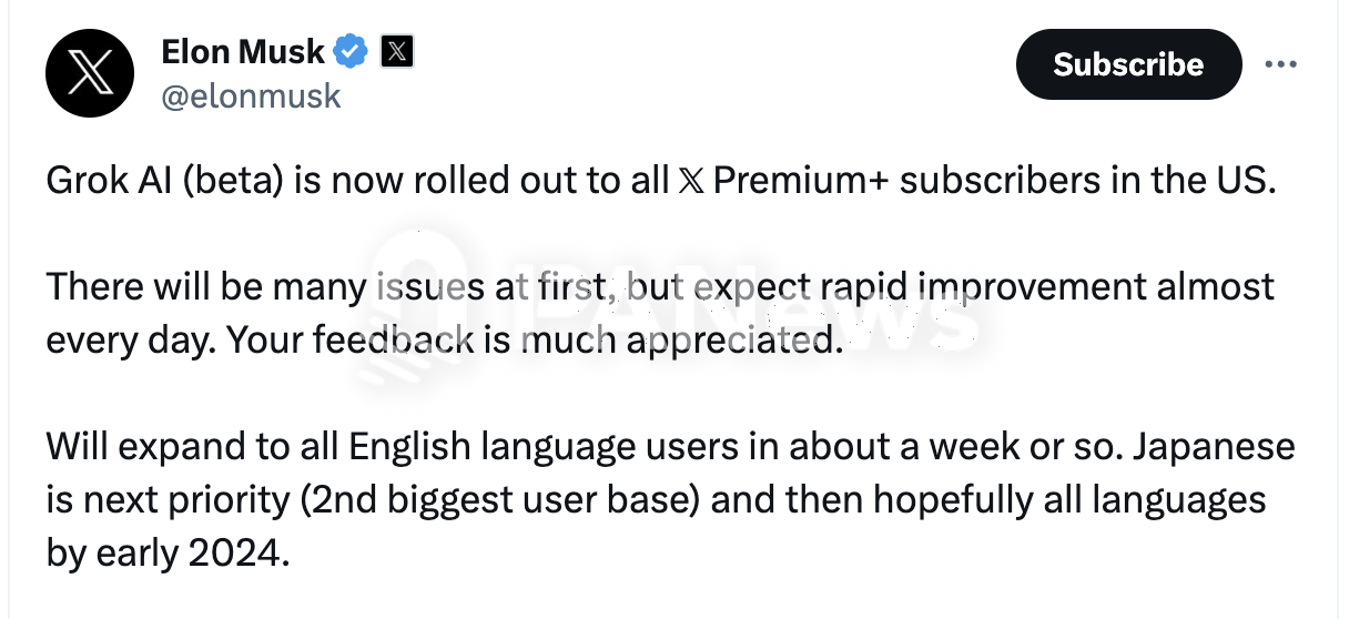 马斯克：Grok AI测试版现已向美国所有𝕏 Premium+订阅者推出