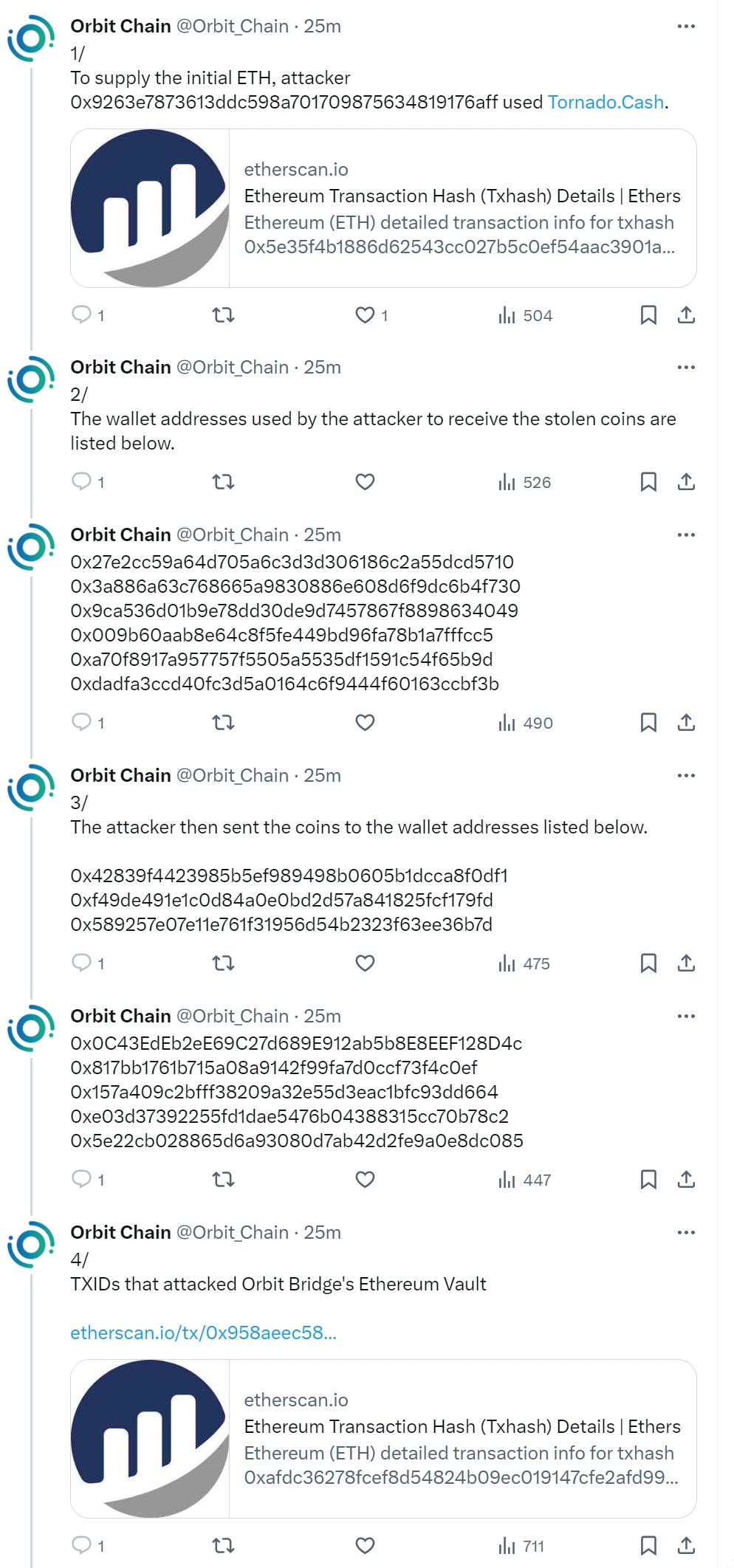Orbit Chain公佈遭受攻擊相關的鏈上地址和交易訊息