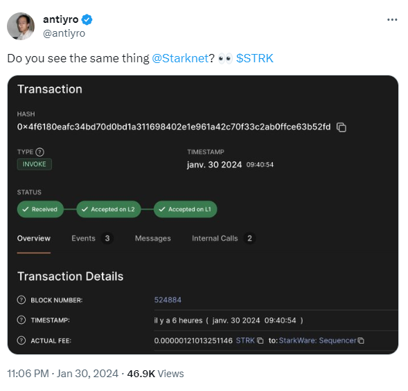 链上数据显示Starknet网络已支持使用STRK支付Gas费