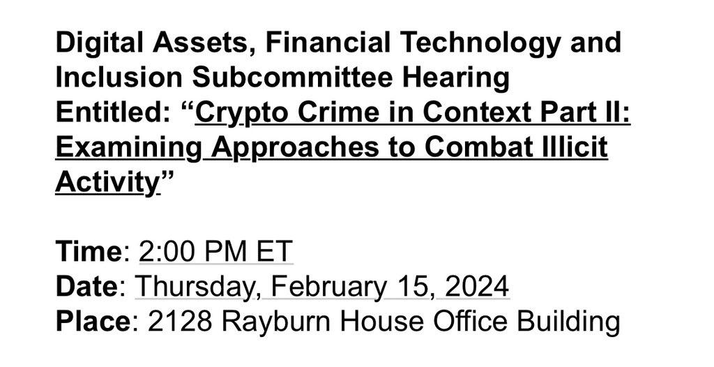 美众议院将于2月16日举行“研究打击非法加密活动方法”的第二场听证会