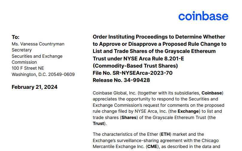 코인베이스, SEC에 의견서 "그레이스케일 이더리움 신탁, ETF 전환 승인해야"