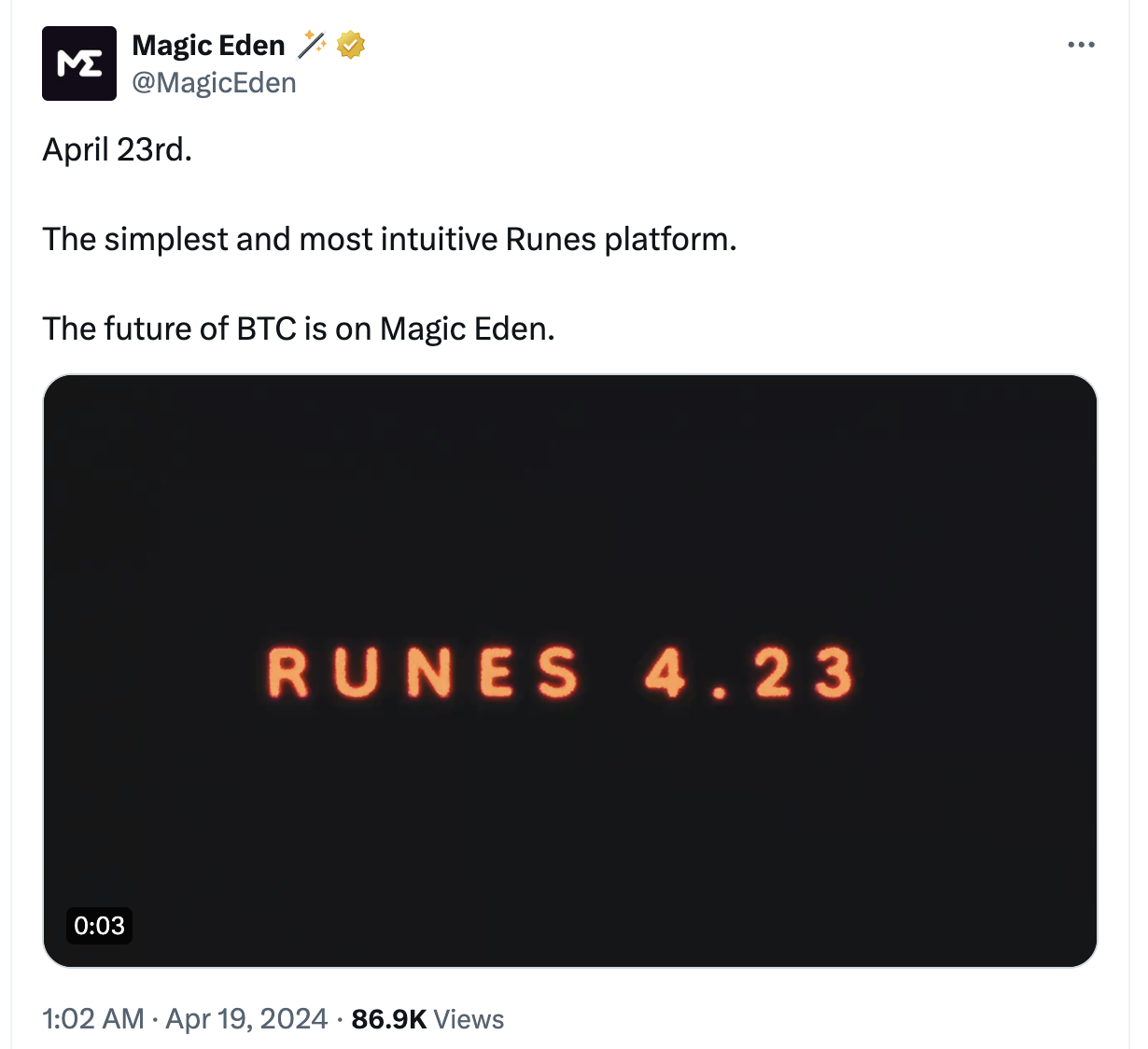 Magic Eden將於4月23日推出Runes交易平台
