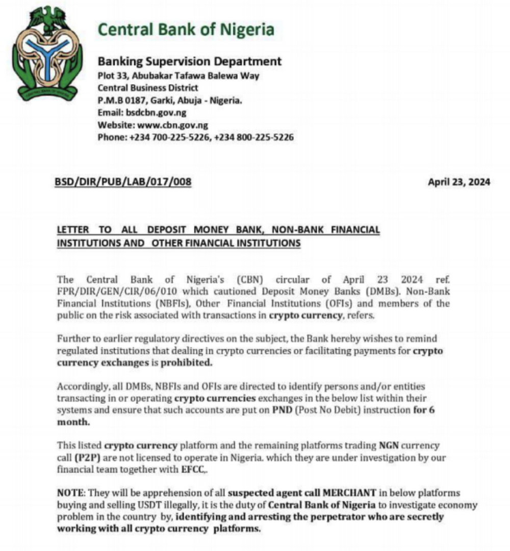 尼日利亚央行禁止Bybit、KuCoin、OKX、Binance用户账户进行借记交易