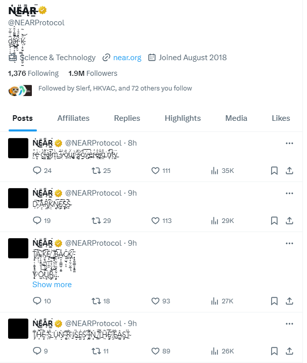 NEAR官方X账号疑似被黑，发布带有乱码字符的奇怪推文