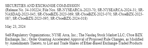 SEC已批准以太坊现货ETF的申请