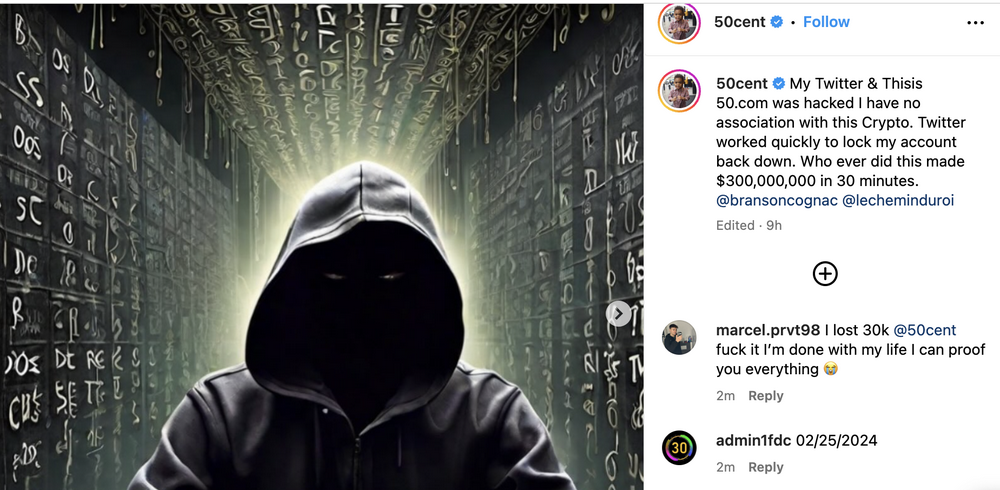 说唱歌手50 Cent声称X账户遭黑客攻击，黑客推广加密货币骗取约3亿美元