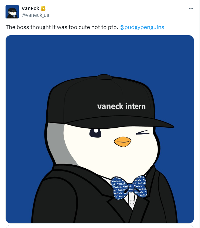 资管机构VanEck将X平台头像更换为Pudgy Penguins