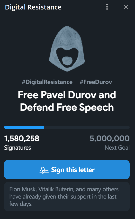 TON Society發起的呼籲法國釋放Telegram創始人活動的簽名數已超158萬