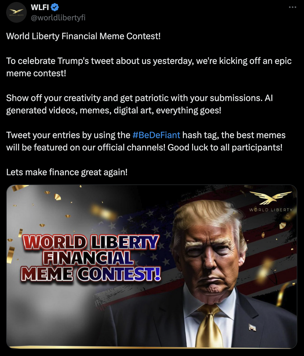 World Liberty Financial宣布举办主题为“Meme Contest”的大型创意竞赛