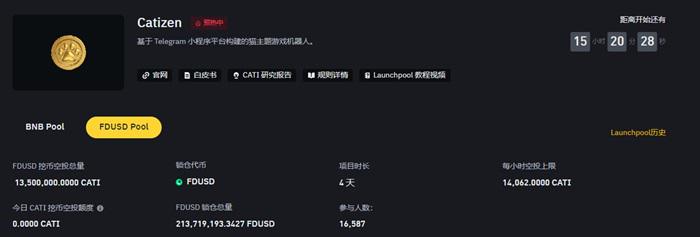 幣安Launchpool專案Catizen目前FDUSD鎖倉總量超2億枚，BNB鎖倉總量近49萬枚