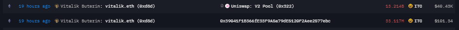 Vitalik Buterin標記地址昨天向Uniswap和某無明確標記地址轉移總計超132億個ITO