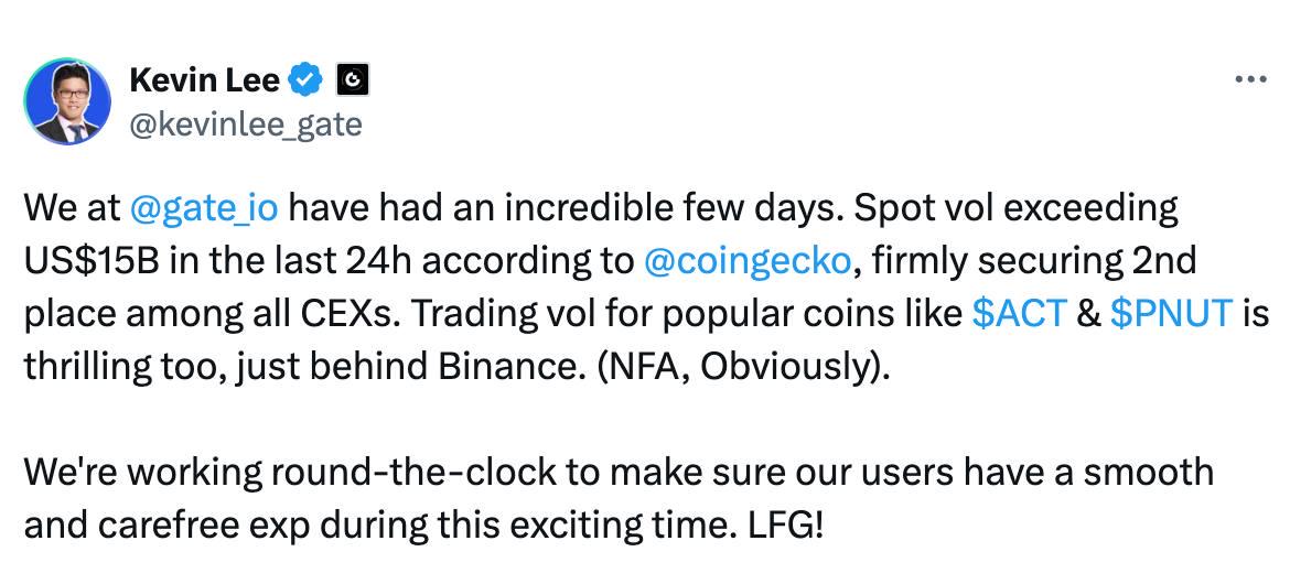 Gate.io首席商务官：PNUT与ACT现货交易量仅次于币安，24小时交易量达3.4亿美元