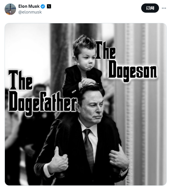 马斯克发布带有“The Dogeson”和“The Dogefather”字样的肖像照片