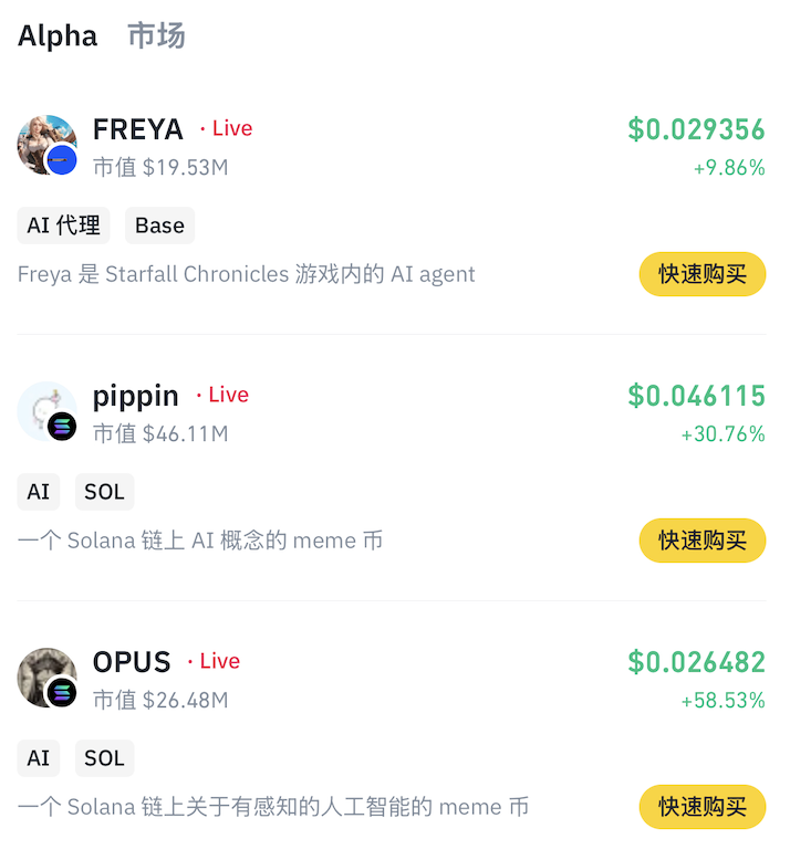 Binance Alpha新增FREYA、pippin和OPUS