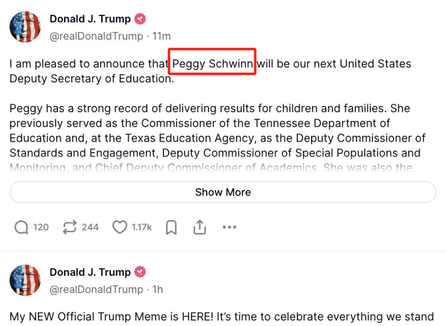 Trump announces "Peggy Schwinn as next deputy secretary of education" with
Penny Schwinn's name misspelled