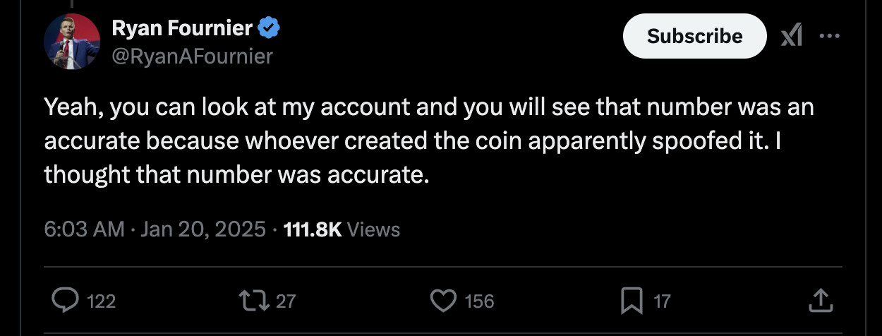 “Bodyguard Coin” Scam? Ryan Fournier, a well-known Trump fan, was involved
in the MEME token fraud scandal