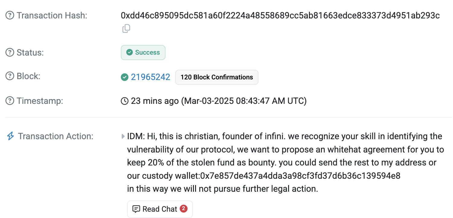 Infini提议白帽协议，允许黑客保留20%被盗资金