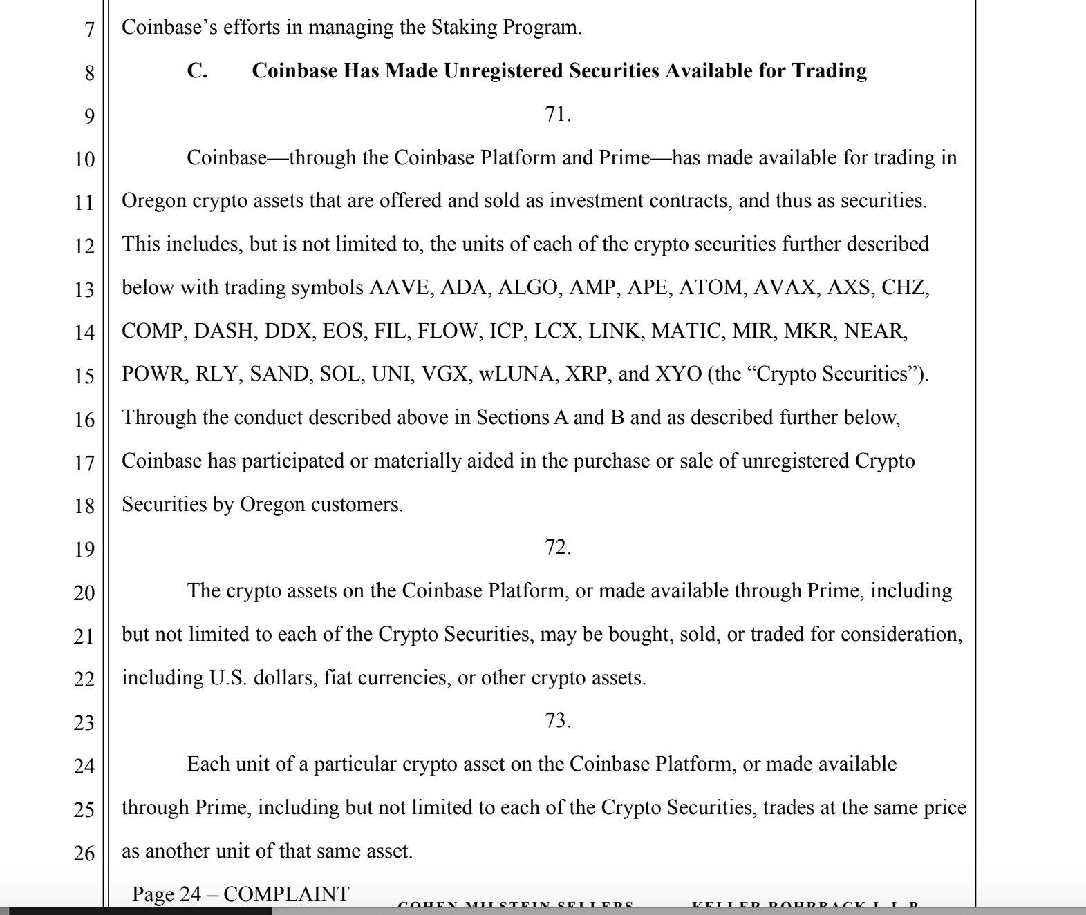 俄勒冈州总检察长在起诉Coinbase中认定31种加密资产为未注册证券