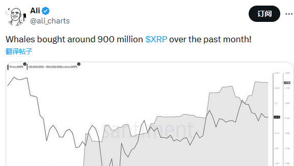数据：鲸鱼过去1个月已买入超9亿枚XRP