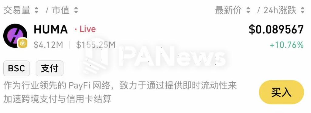 Binance Alpha 上线 Huma Finance (HUMA)