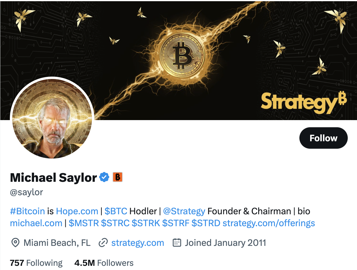 Michael Saylor 目前拥有 450 万 X Follower(来源:X 平台)