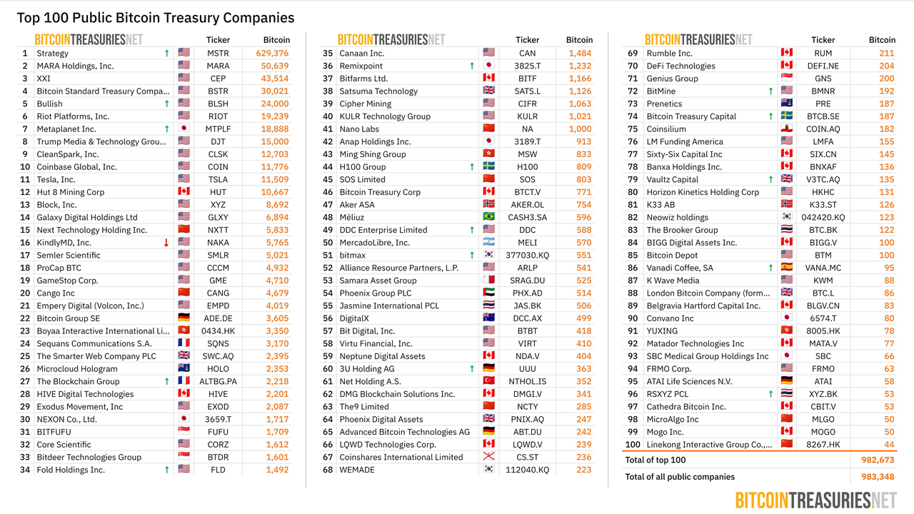 全球持有比特币的上市公司 Top 100(来源:bitcointreasuries.net)