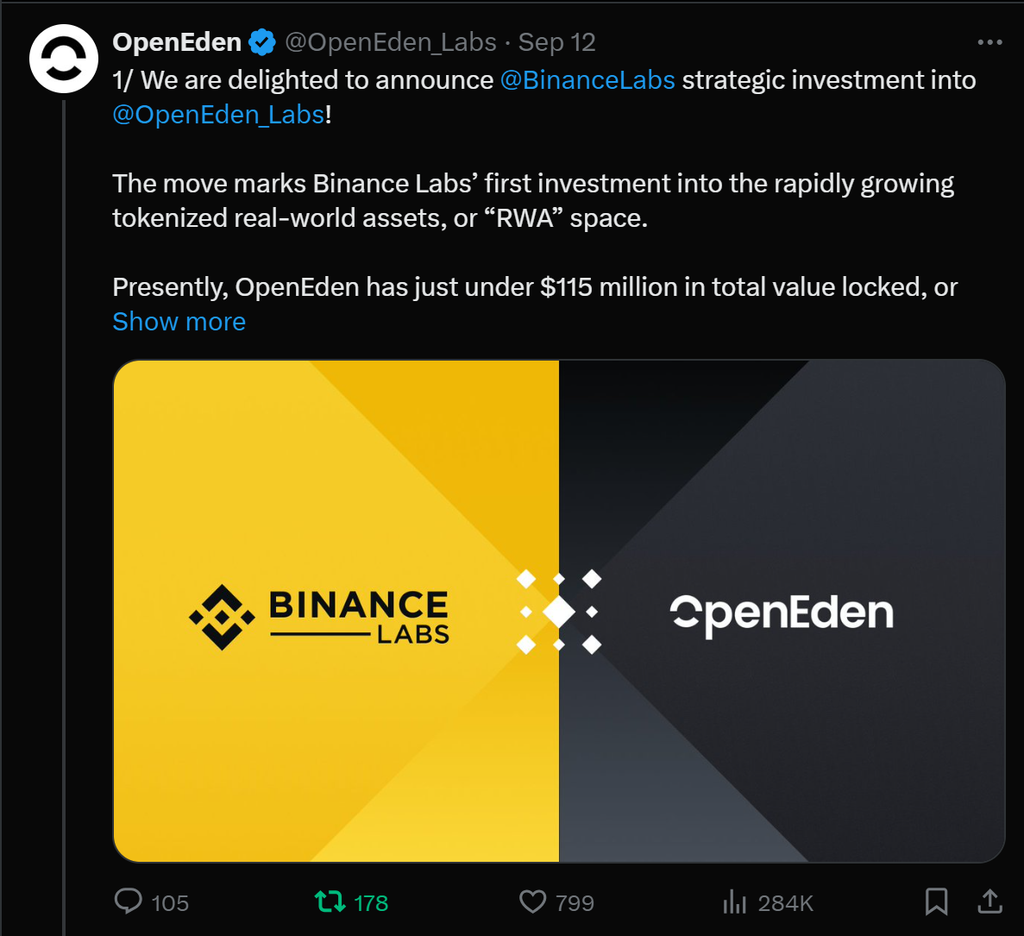 OpenEden을 자세히 설명하는 기사: Binance는 미국 부채 투자를 위한 새로운 선택인 RWA 신생 기업에 투자합니다.