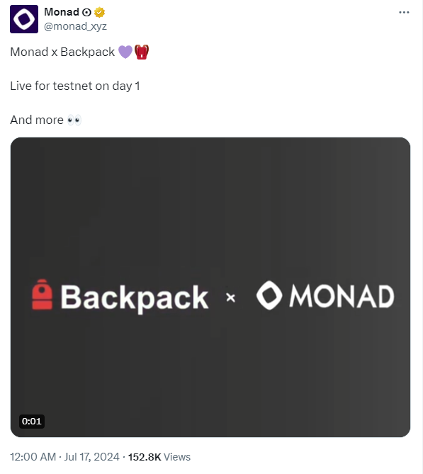 EVM兼容的Monad与Backpack达成合作关系，1+1＞2效应能显现吗？